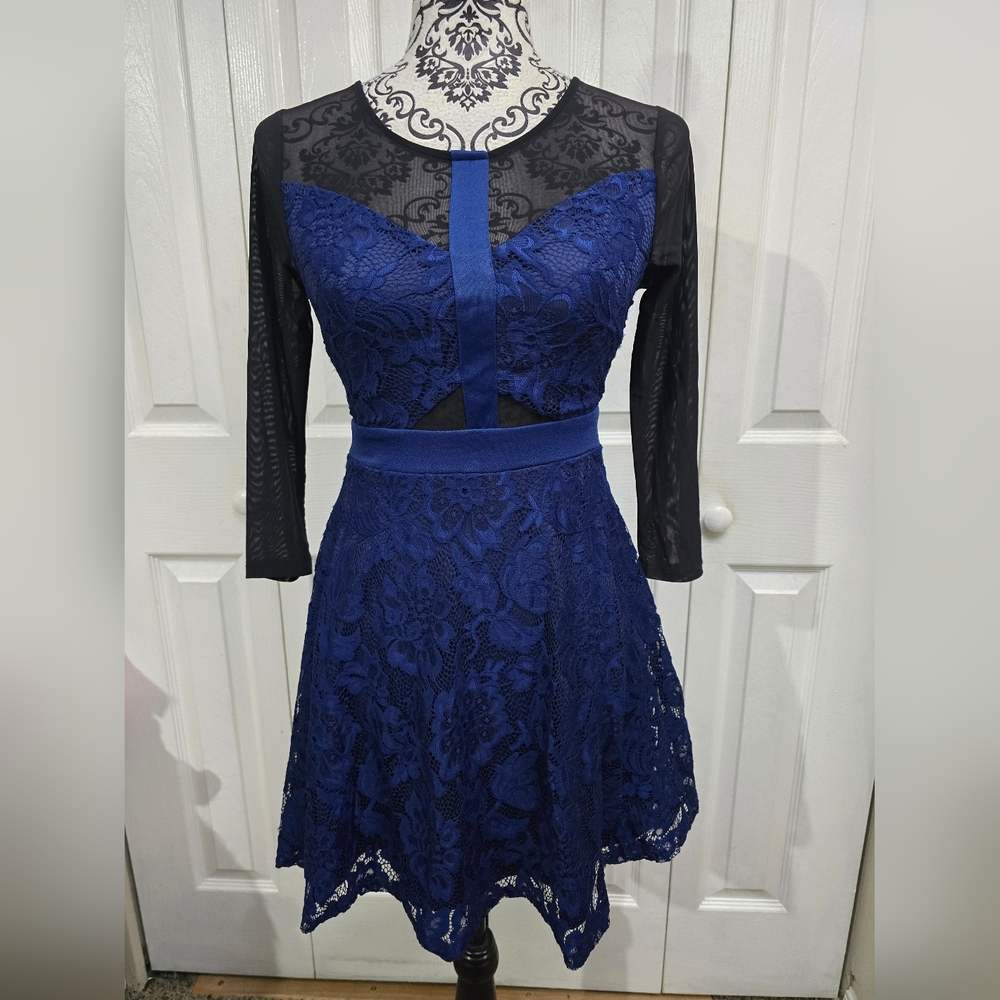 NWT Material Girl Blue Lace Black Mesh Cut Out Fit & Flare Dress
